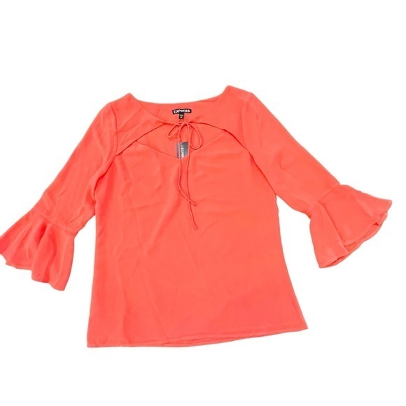 Express Tops - Express Orange Blouse V-Neck Chiffon Top XS Long Bell Sleeves Tie‎ Neckline NWT